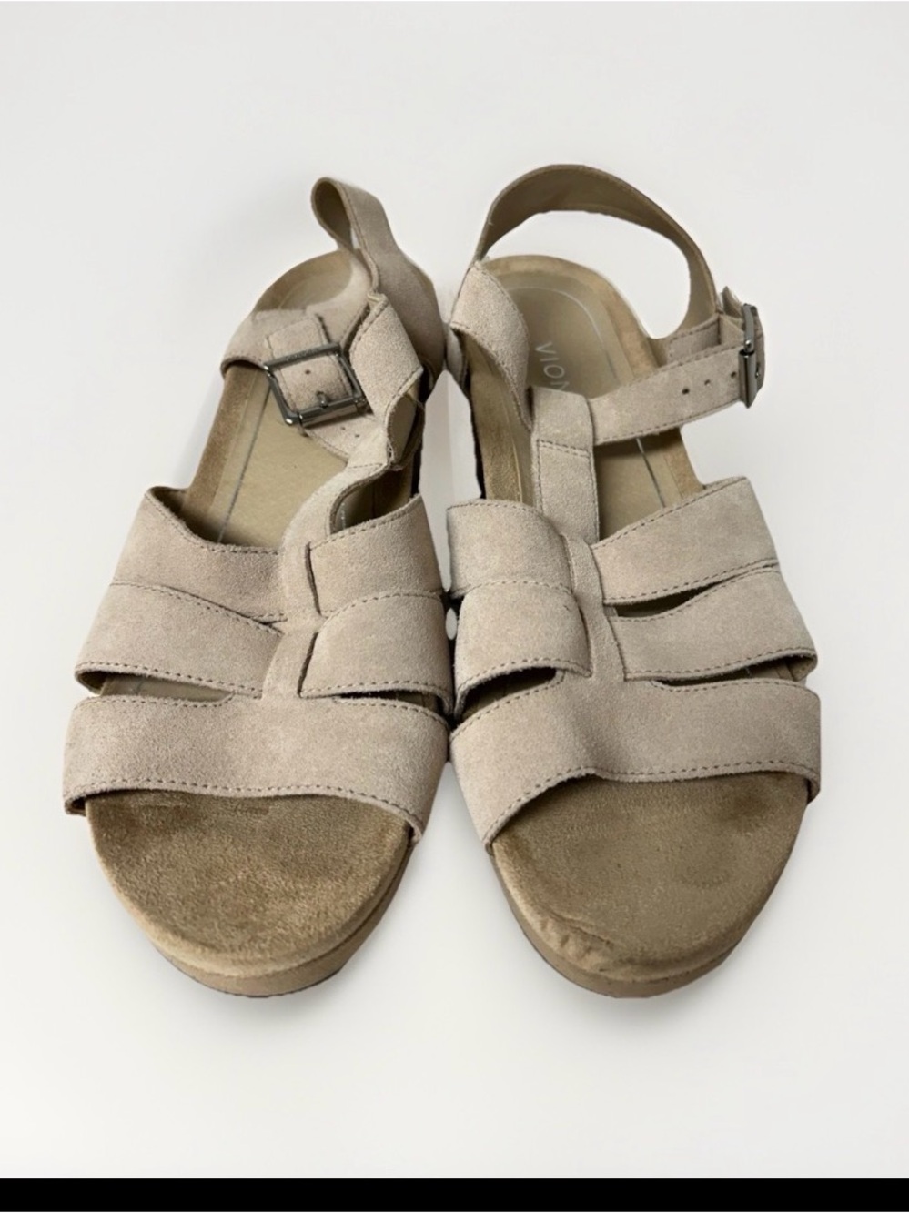 Vionic Hoola Tawny Suede T-Strap Platform Wedge Sandals Tan Cream Size 10